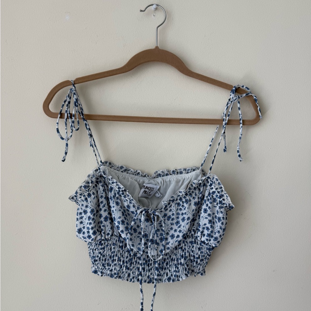 Princess Polly White and Blue Floral Smocked Crop Top